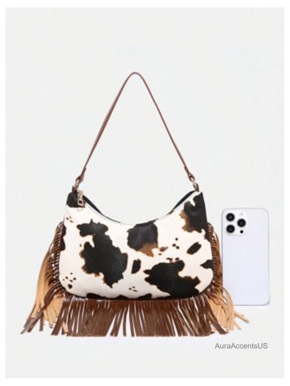 Faux Leather Cow Print Fringe Baguette Handbag with Zipper Closure - Picture 2 of 5